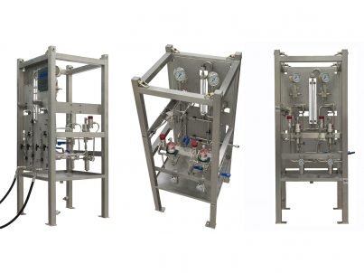 Small-footprint, air-driven, double-diaphragm scale inhibitor injection crash frame.