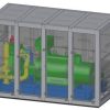3D model of an offshore pump skid with environmental enclosure.