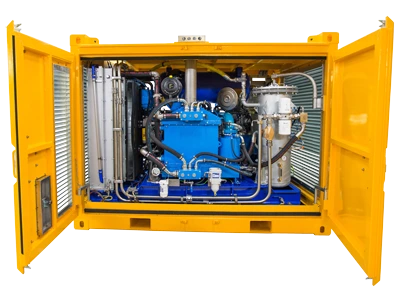 An air compressor mounted in an offshore container.